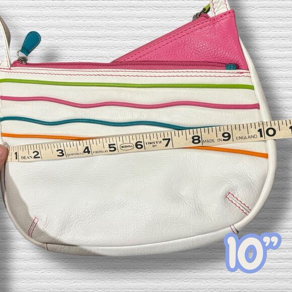 RFID Leather Crossbody Bag Retro Neon Stripe White Pink Green Adjustable Strap - Picture 4 of 13